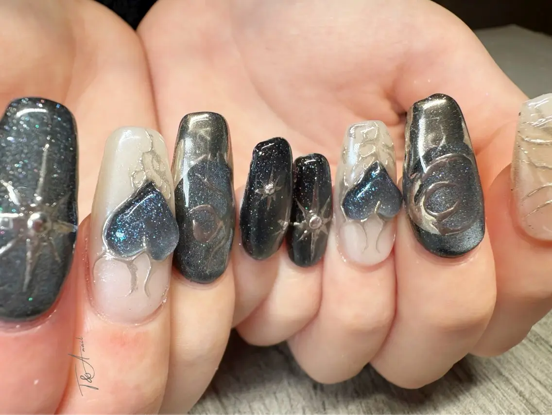ネイル 長さ出し ジェルネイル ハート キラキラネイル マグネットネイル T&A nailのネイルデザイン