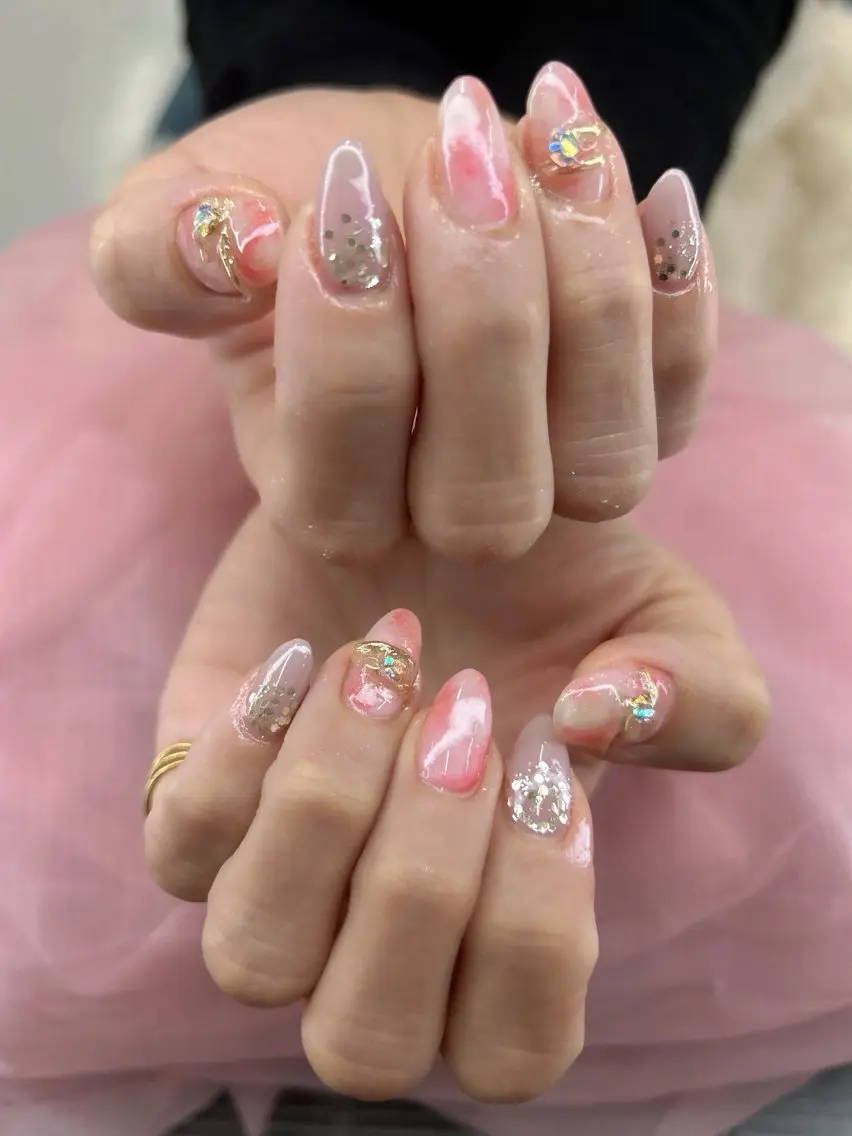 ネイル 大理石ネイル(マーブル) ニュアンスネイル ピンク ❀pom nail❀ aya.のネイルデザイン