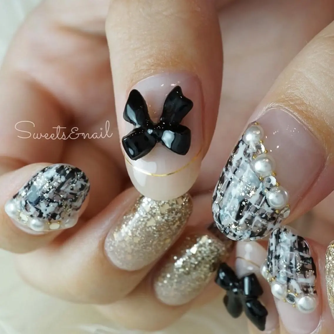 ネイル リボン ツイードネイル Sweets& nail みなこのネイルデザイン