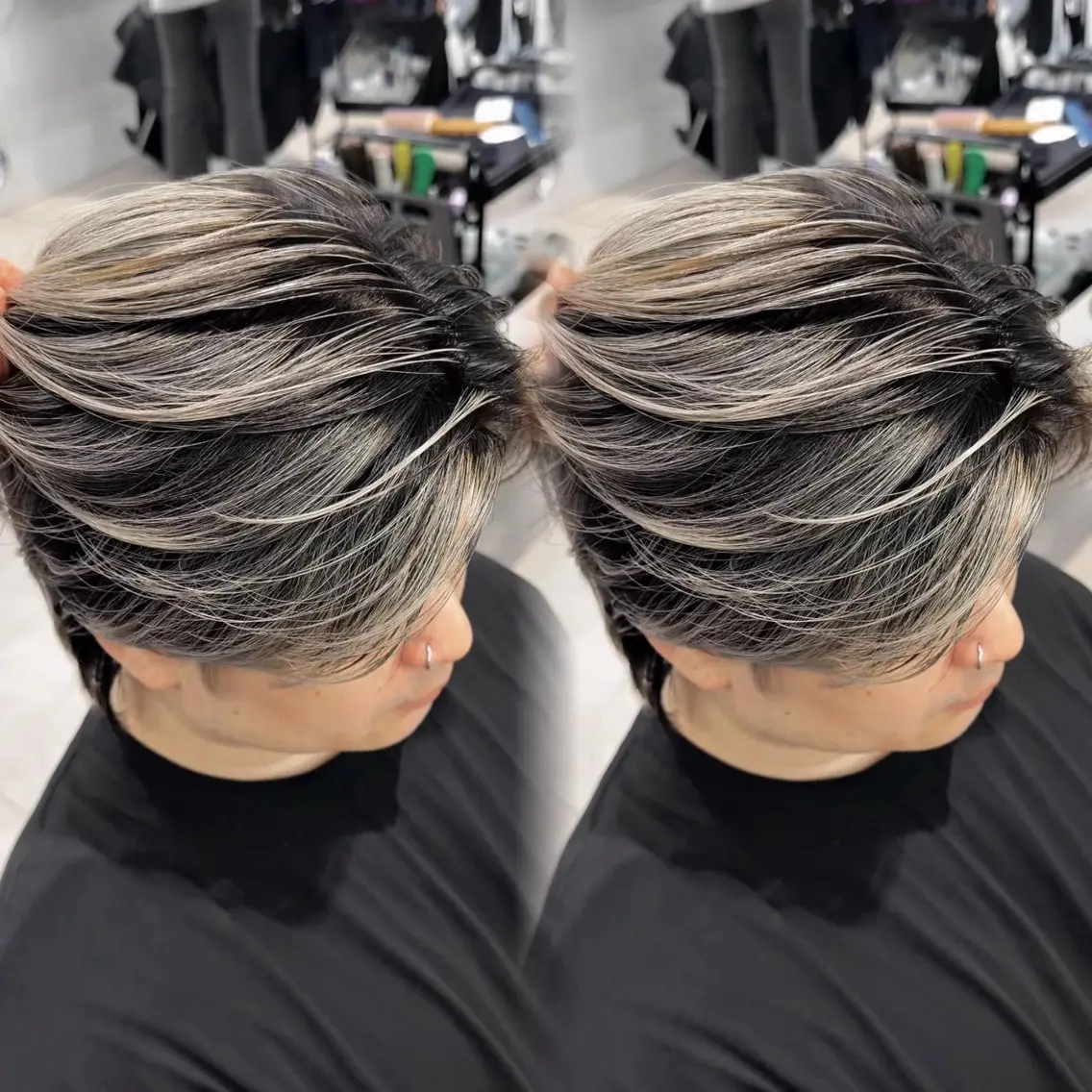 ショート カラー メンズ メンズバレイヤージュ バレイヤージュ シルバー ホワイトシルバー レイヤーカット ヘアカラー 大智/ハイライト バレイヤージュのヘアスタイル