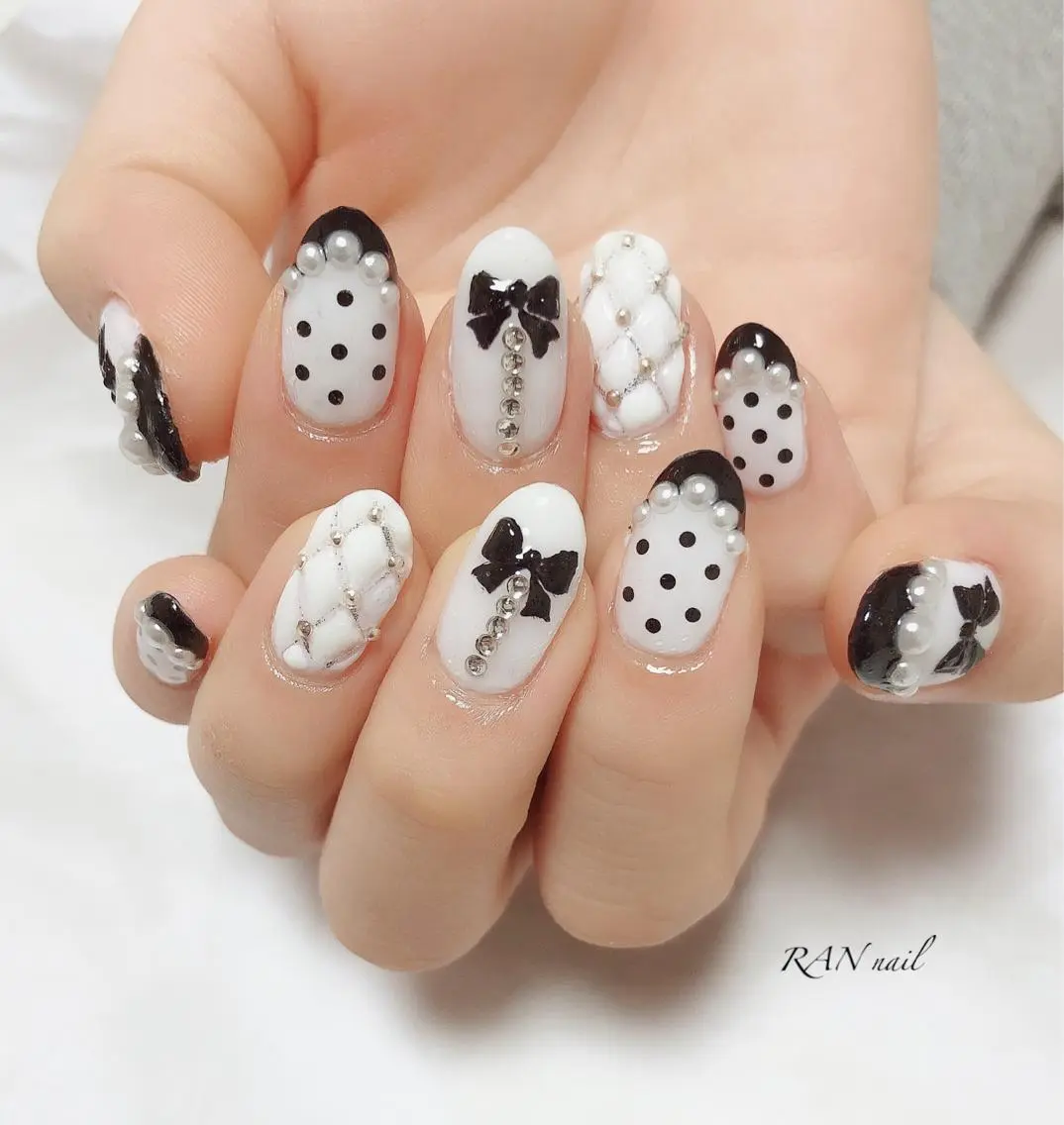 ネイル ドット オフィスネイル リボン 春ネイル 冬ネイル ハンドネイル フットネイル RAN nailのネイルデザイン