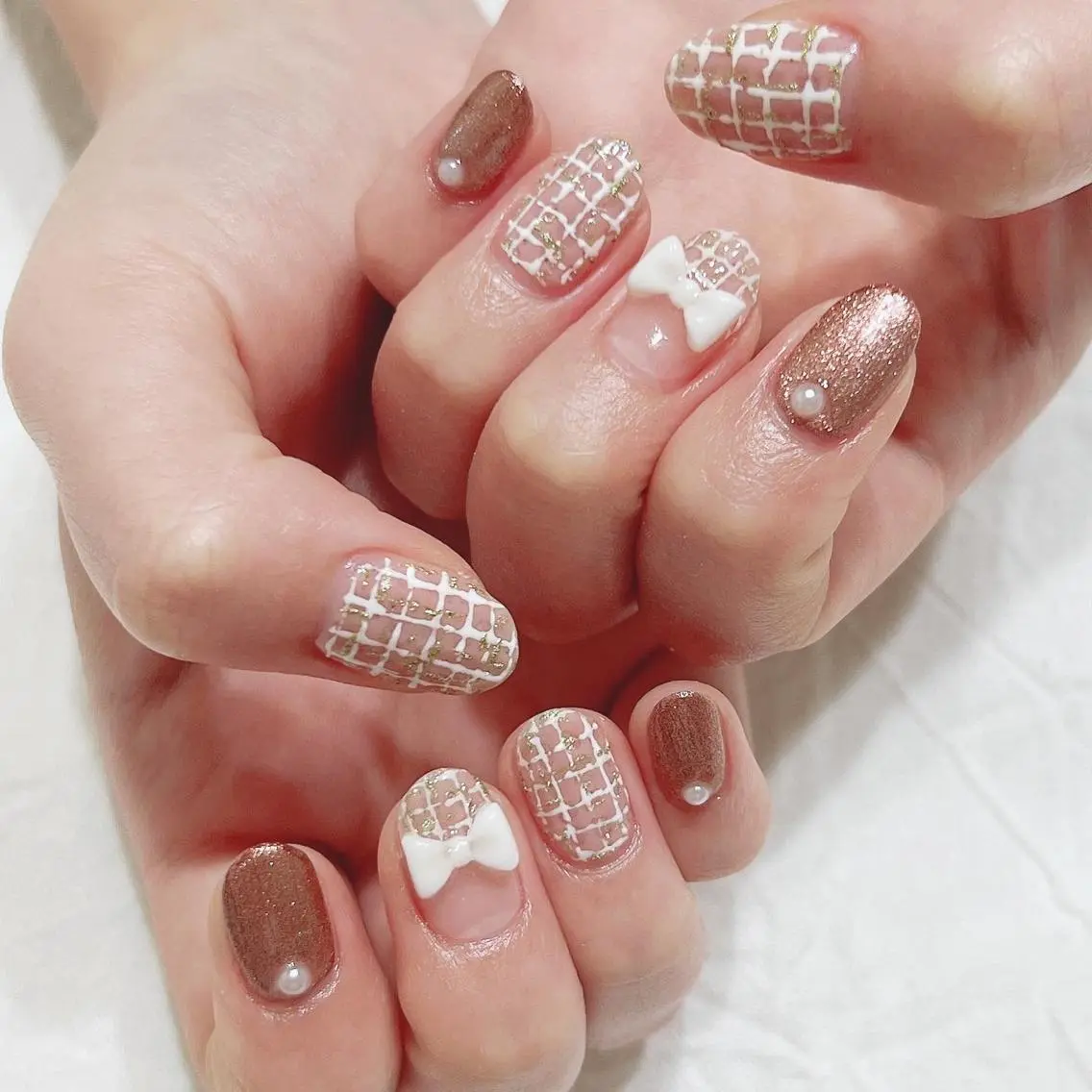 ネイル ピンク リボン ツイードネイル ハンドネイル peaberry nailのネイルデザイン