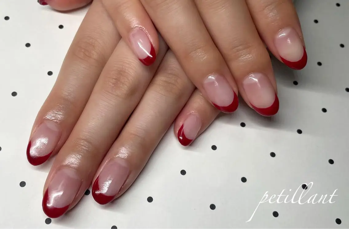 ネイル アートネイル ボルドー クリアネイル フレンチネイル 冬ネイル nail salon petillantのネイルデザイン