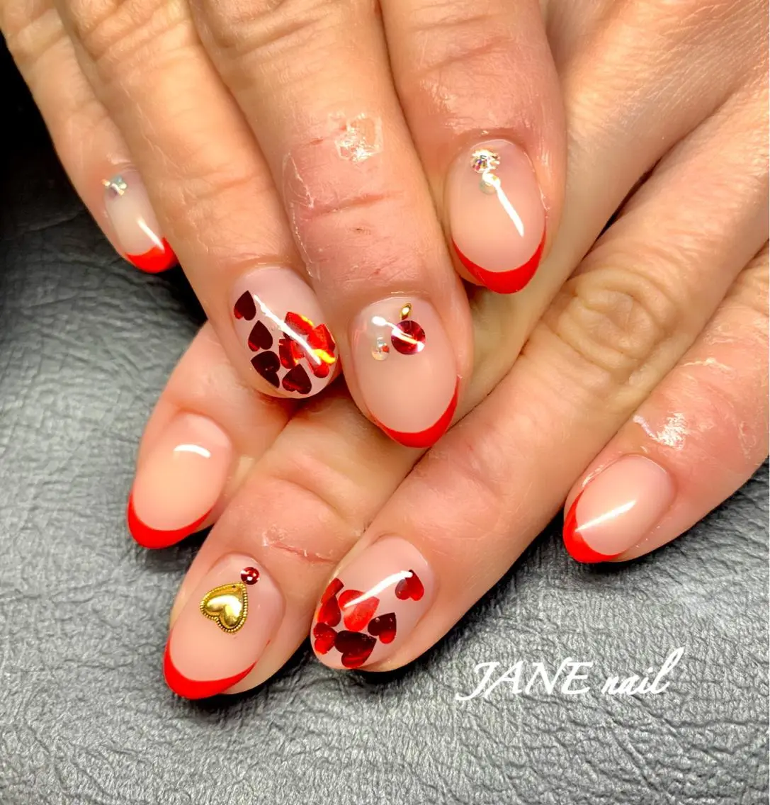 ネイル フットネイル フレンチネイル ハート 赤色 ハンドネイル Nail Salon JANEのネイルデザイン