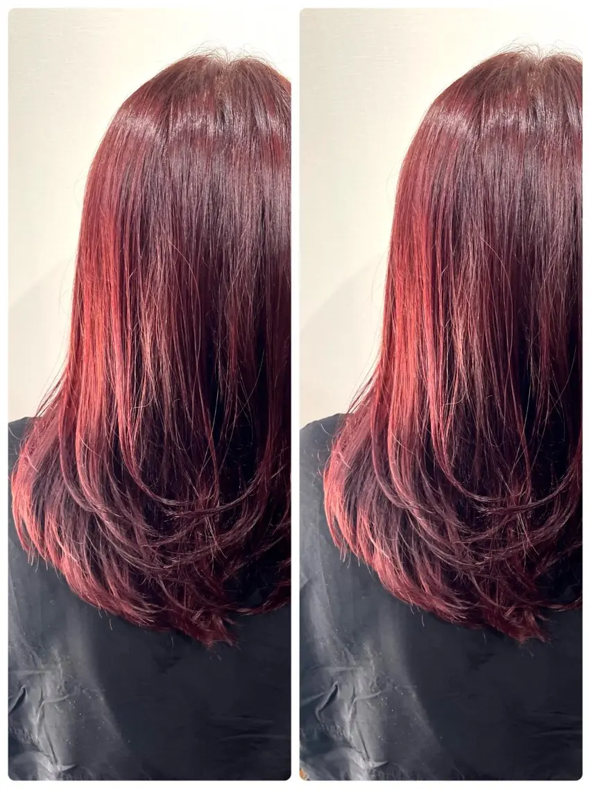 セミロング カラー ブリーチ ブリーチなしカラー レッドカラー レイヤーカット レイヤー/ボブ 特化✂️福岡のヘアスタイル