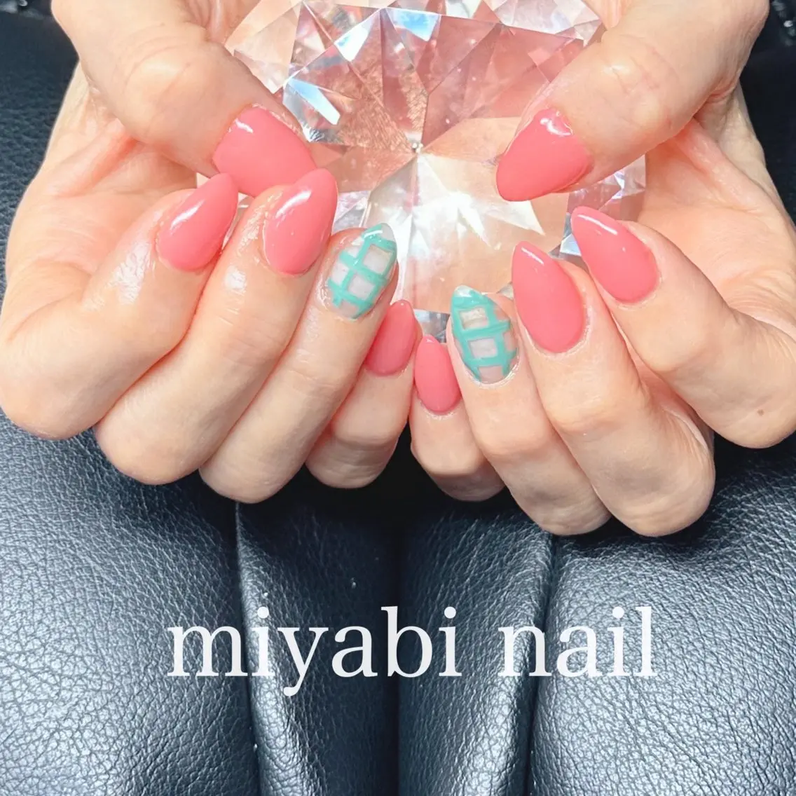 ネイル グリーン 持ち込み ピンク ハンドネイル miyabi nail 桂川駅近くのネイルデザイン