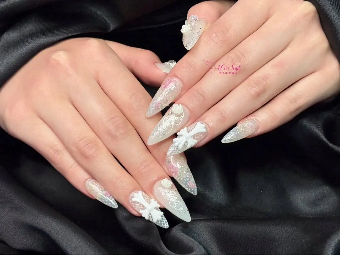 ネイル 桜ネイル 長さ出し フラワーネイル フレンチネイル ジェルネイル ハンドネイル ACon NailSalonのネイルデザイン