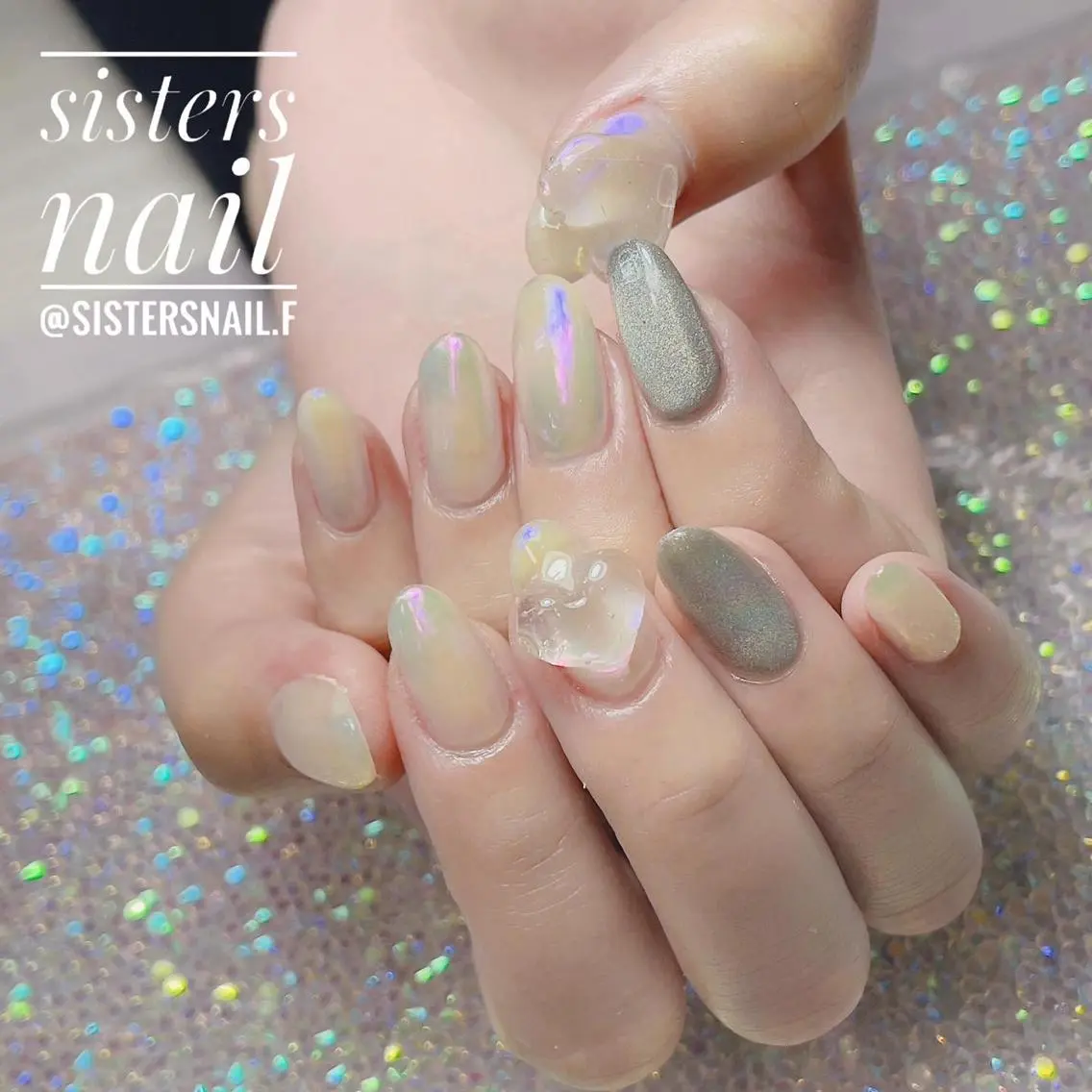 ネイル アートネイル オーロラネイル クリアネイル ハート キラキラネイル sisters nail.fのネイルデザイン