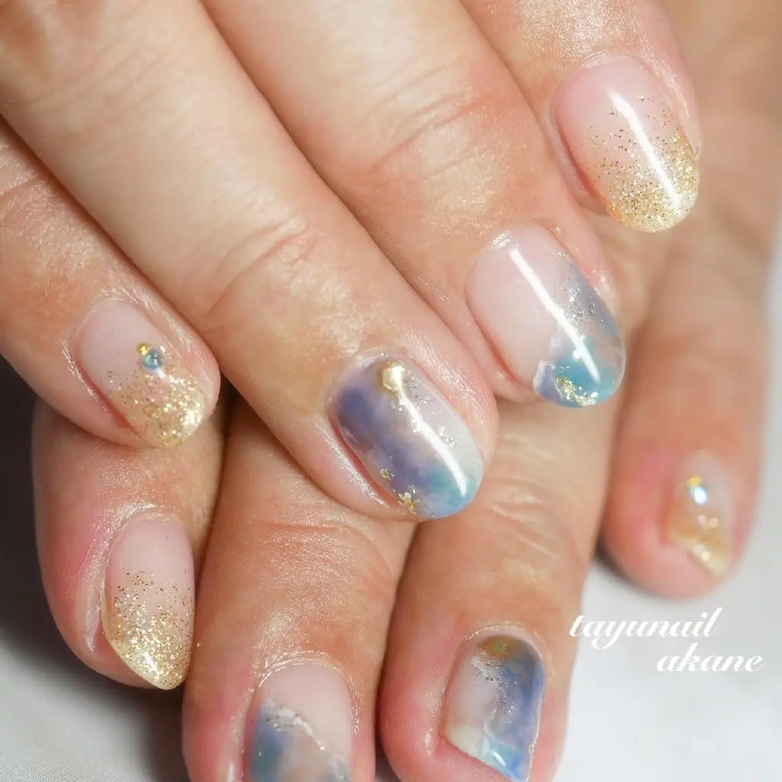 ネイル アートネイル ブルー ジェルネイル ゴールド パラジェル ネイルサロン 【たゆnail】のネイルデザイン