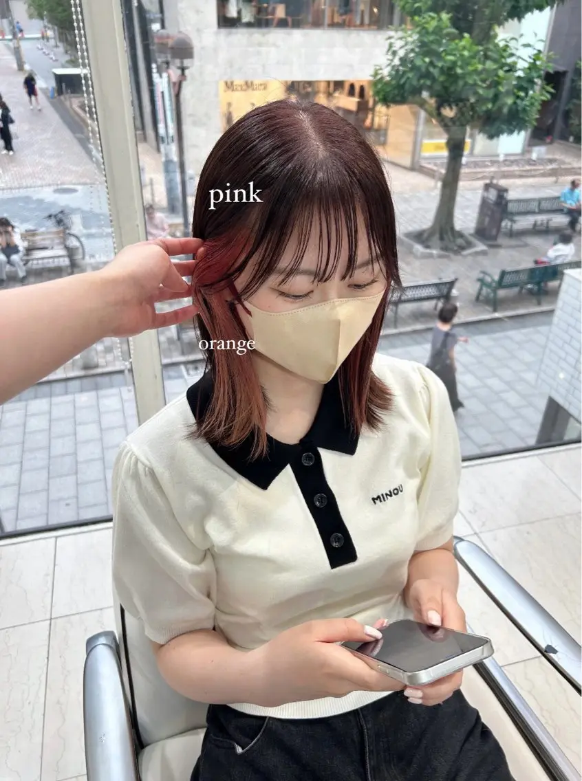 ミディアム カラー ブラウンカラー インナーカラー オレンジ ピンクカラー ピンクブラウン ヘアカラー ありむらもえ/ 透明感カラーのヘアスタイル
