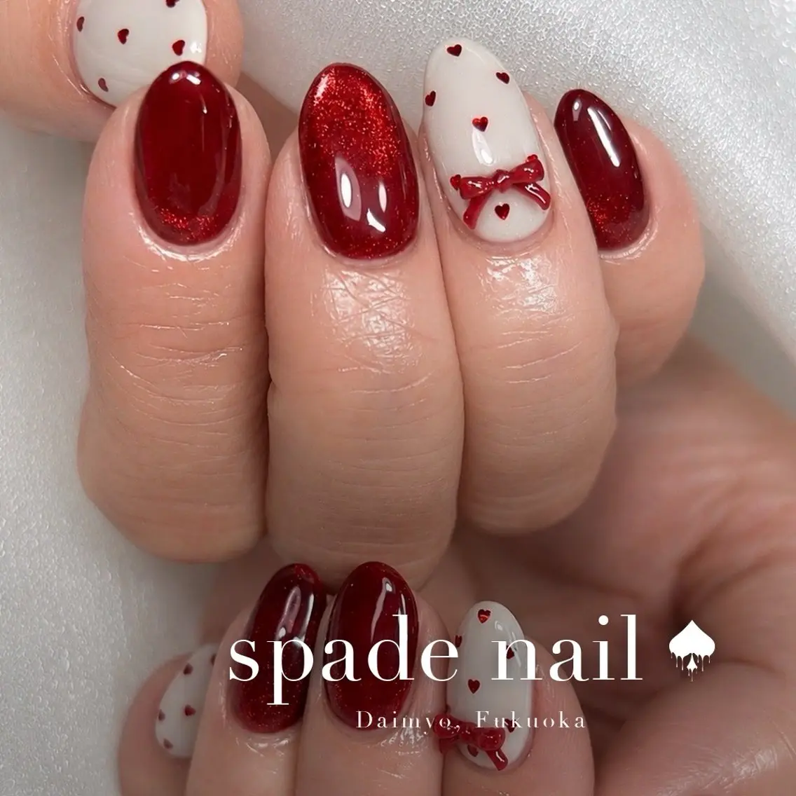 ネイル アートネイル ハート 韓国ネイル ラメ(グリッター) 赤色 ハンドネイル Spade nail(大名)のネイルデザイン