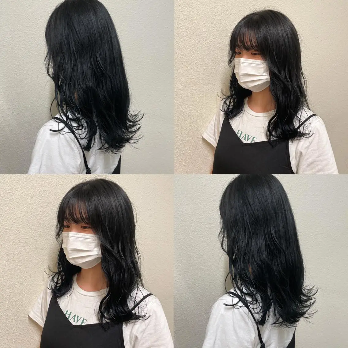 ミディアム カラー ヘアアレンジ 黒髪 ブルーカラー ブルーブラック 透明感カラー 新宿/顔周りカット/ レイヤー/がっきーのヘアスタイル
