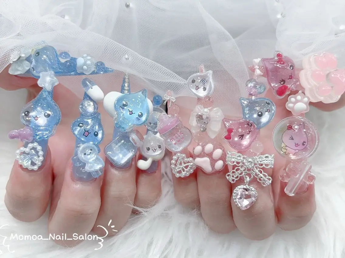 ネイル 成人式 ロングネイル マグネットネイル 大理石ネイル(マーブル) 持ち込み ハンドネイル MoMoA Nail ネイル長さ出し専門店のネイルデザイン