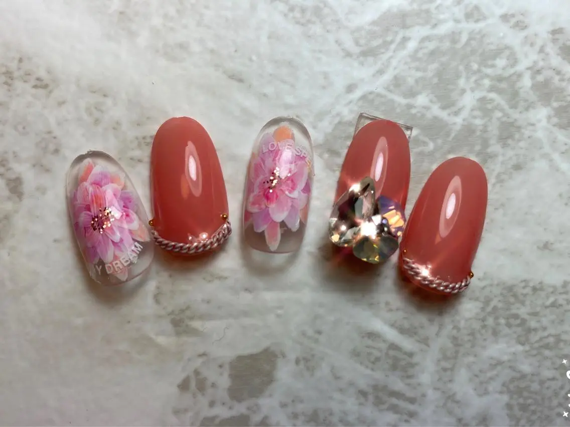 ネイル オレンジ ピンク 春ネイル ストーンネイル Era nailのネイルデザイン