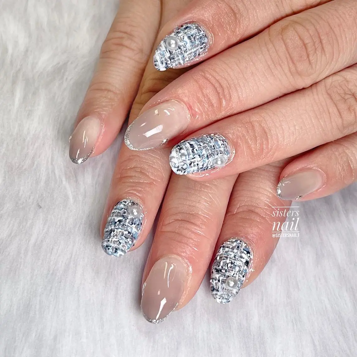 ネイル アートネイル ブルー フレンチネイル ネイビー ツイードネイル sisters nail.fのネイルデザイン