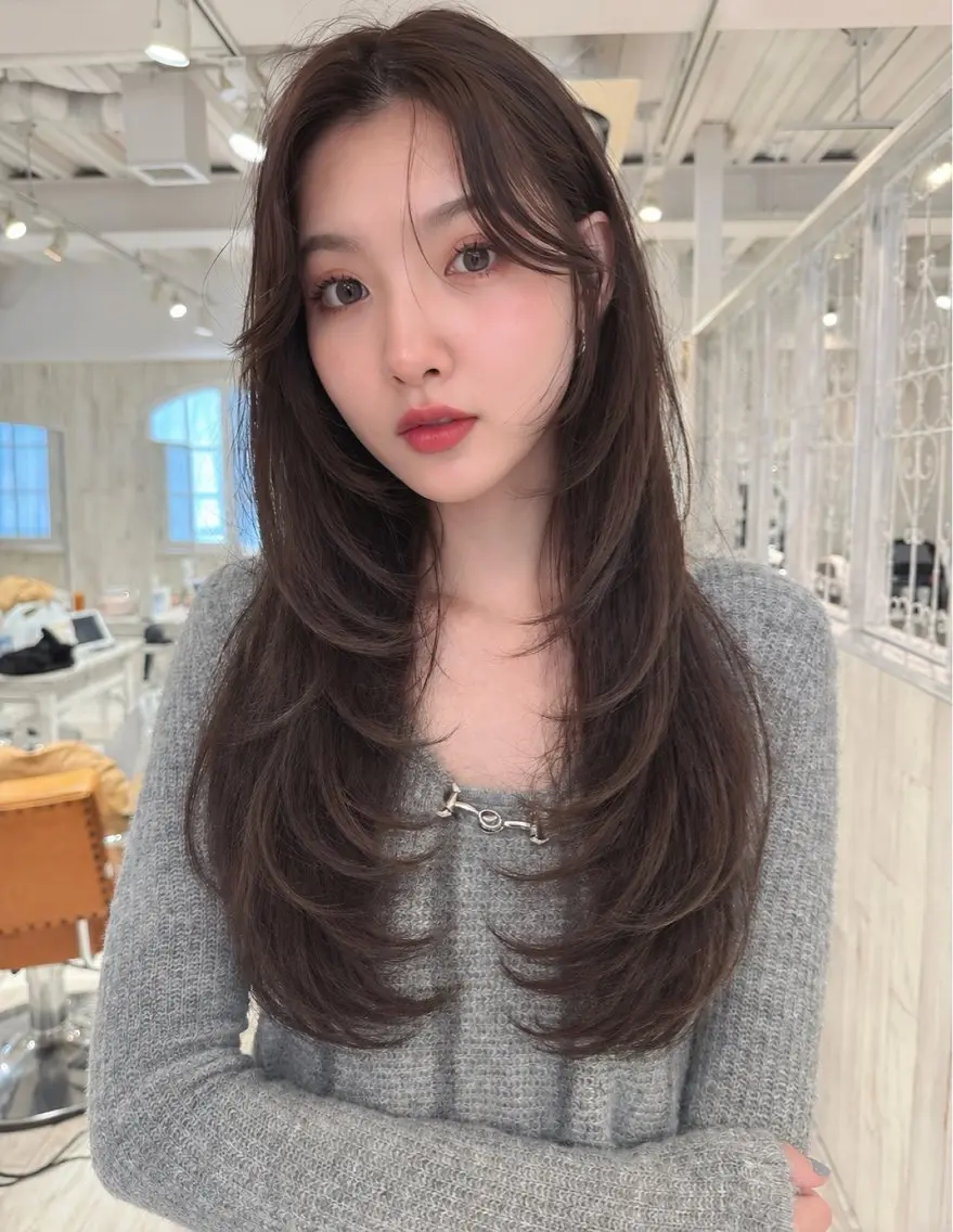 ロング カラー グレージュ 韓国風ヘア レイヤーカット カット ヘアカラー トリートメント レイヤーカット、 大人可愛い　中村美羅のヘアスタイル