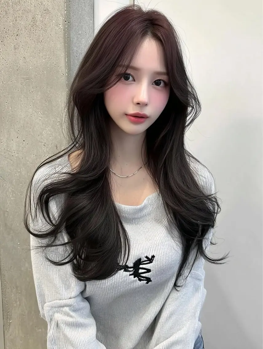 ロング ボブ 顔まわりレイヤー 韓国風ヘア レイヤーカット ウルフカット 岡田 望愛🫧のヘアスタイル
