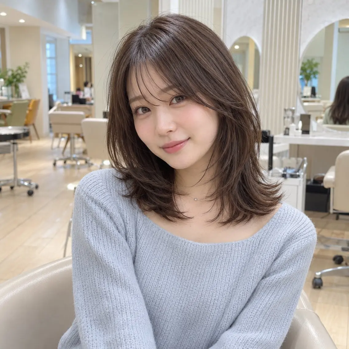 ミディアム カラー ミディアムレイヤー 伸ばしかけ レイヤーカット 顔周りレイヤー/透明 感カラー/難波雄雅のヘアスタイル