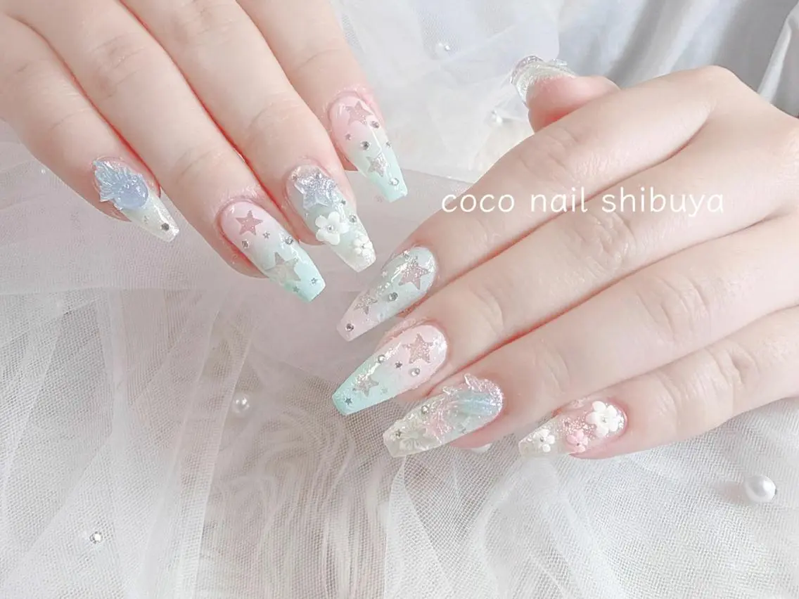 ネイル 成人式 大理石ネイル(マーブル) リボン 夏ネイル ネイルチップ ハンドネイル Min Coco nailのネイルデザイン
