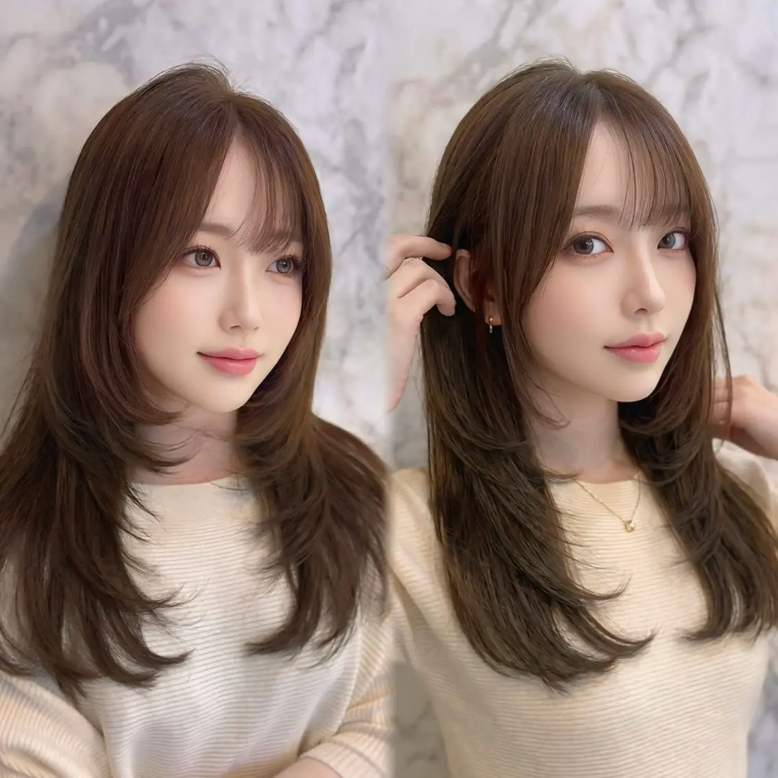 セミロング カラー カット ヘアカラー トリートメント 上尾韓国レイヤー/ 艶カラー/しの🫧のヘアスタイル