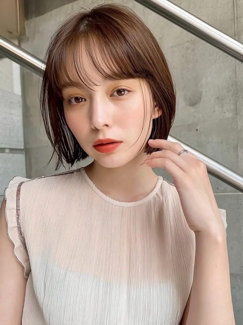 ミディアム ボブレイヤー ボブ 顔まわりレイヤー 韓国風ヘア レイヤーカット 岡田 望愛🫧のヘアスタイル