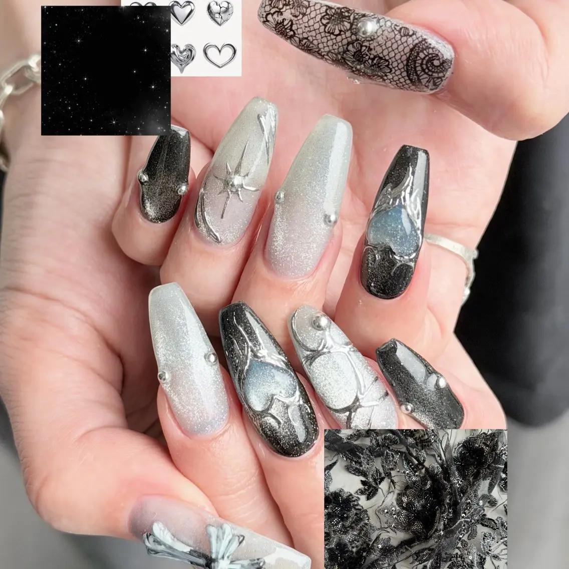 ネイル ハート 水色 シルバー ハンドネイル ciel nailのネイルデザイン