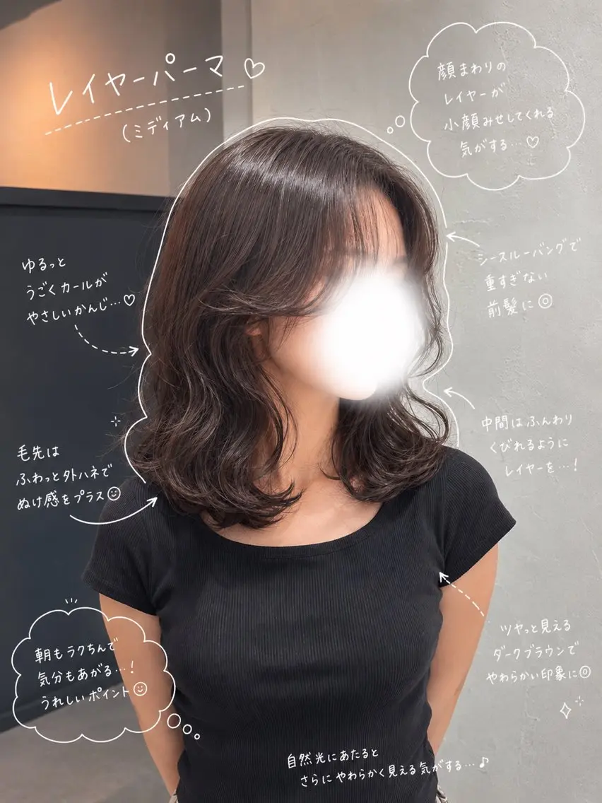 ミディアム パーマ ミディアムパーマ レイヤーカット カット パーマ 渋谷/似合わせ× トレンド ふうか🪽のヘアスタイル