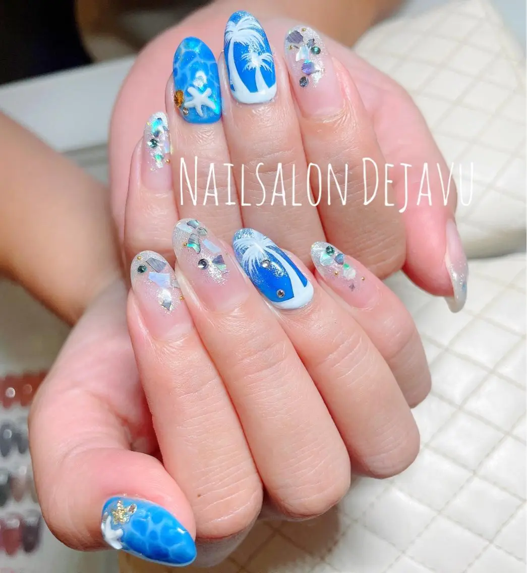 ネイル アートネイル ブルー シンプルネイル 夏ネイル Nail salon Dejavu 🌿のネイルデザイン