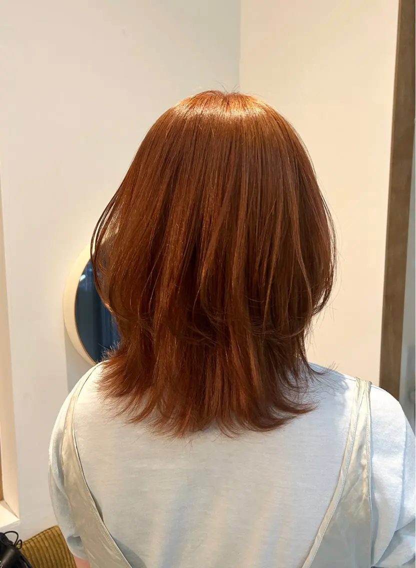 ミディアム カラー ブリーチ ブラウンカラー オレンジ ヘアカラー カットカラー/鎌倉 縮毛矯正/大空のヘアスタイル