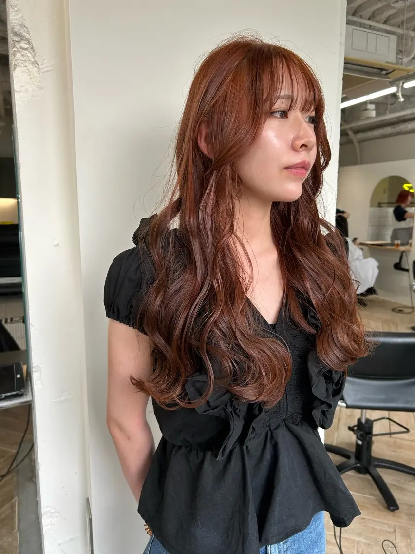 ロング カラー ブリーチ ブラウンカラー ダブルカラー ブリーチなしカラー オレンジ カット ヘアカラー トリートメント LUVISM新潟🎀 透明感カラー/ミユのヘアスタイル
