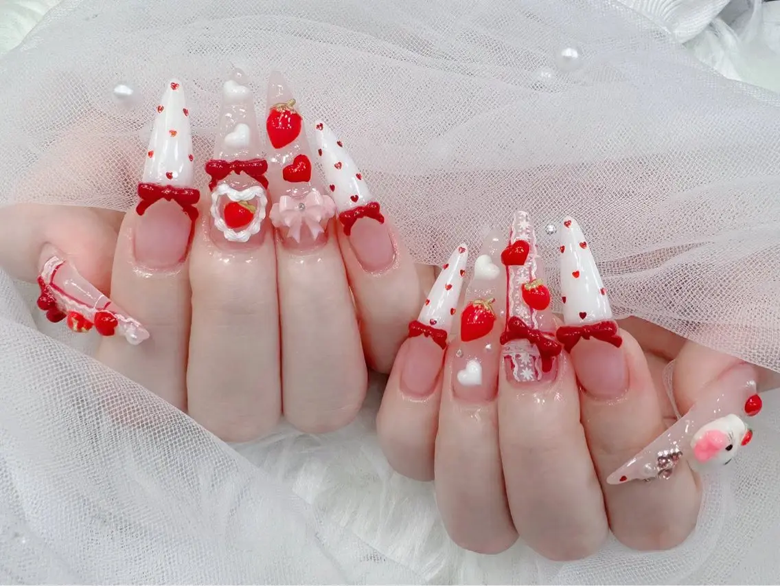 ネイル 成人式 大理石ネイル(マーブル) リボン 夏ネイル ネイルチップ ハンドネイル MoMoA Nail ネイル長さ出し専門店のネイルデザイン