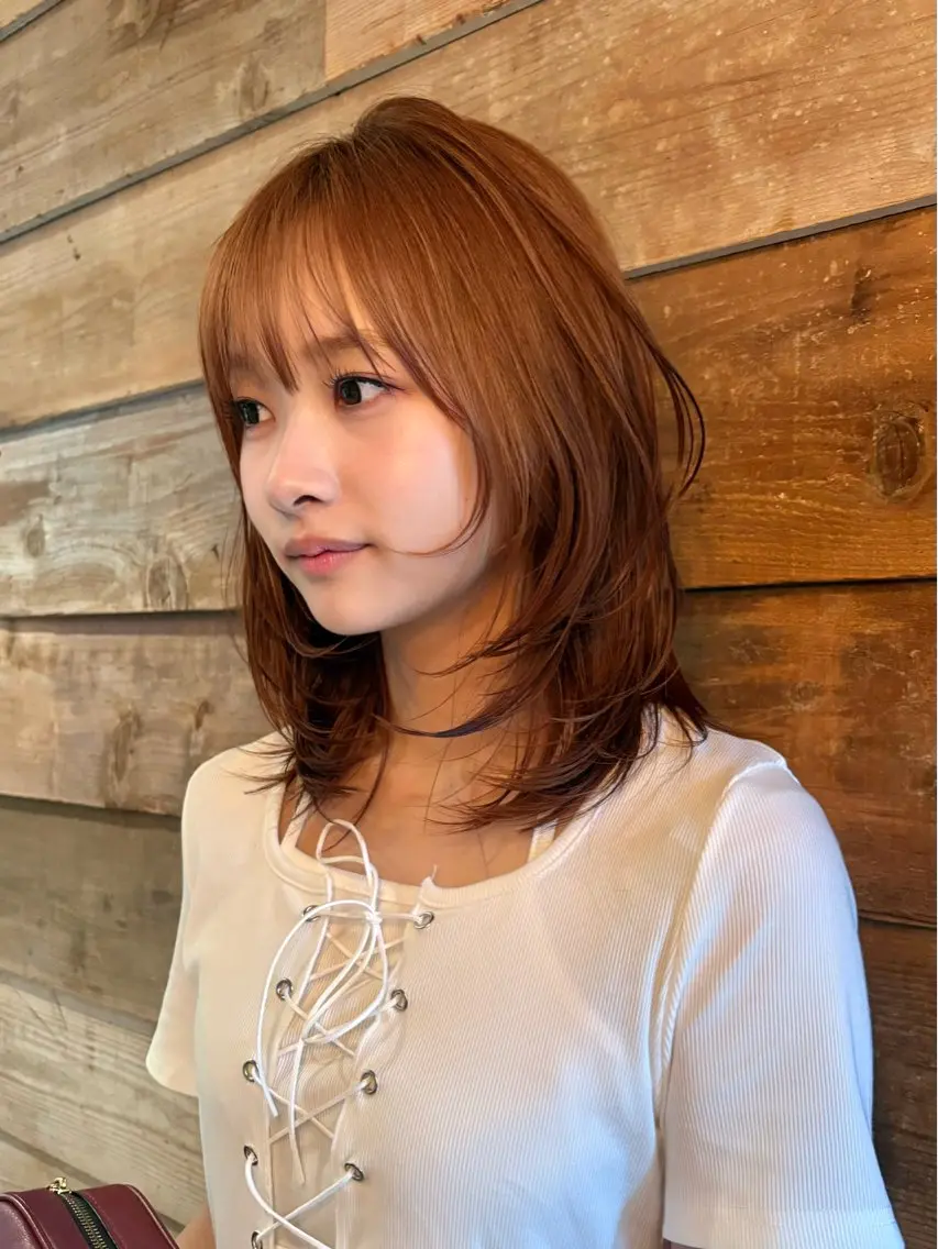 ミディアム カラー パーマ カット ヘアカラー レイヤー/透明感/ ブリーチなし/わかなのヘアスタイル