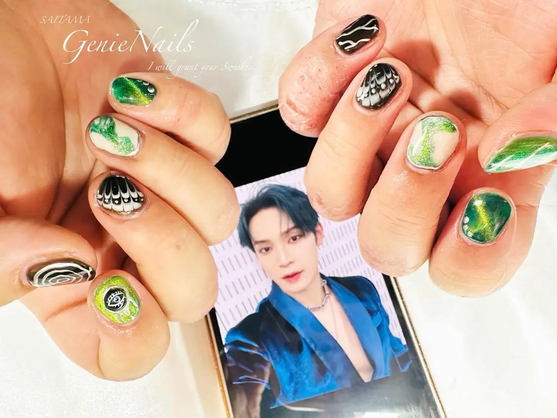 メンズ ネイル アートネイル 長さ出し 氷ネイル・うるうるネイル ロングネイル 持ち込み Genie Nailsのネイルデザイン