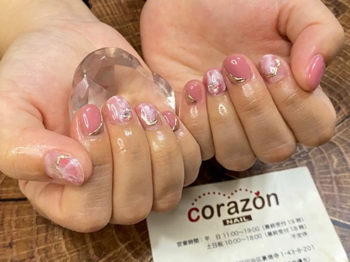 ネイル アートネイル ジェルネイル 大理石ネイル(マーブル) ミラーネイル ピンク ネイリスト aicoのネイルデザイン
