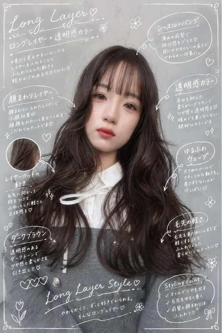 ロング カラー 透明感カラー レイヤーカット カット ヘアカラー トリートメント 🌿透明感カラー レイヤーカットのヘアスタイル