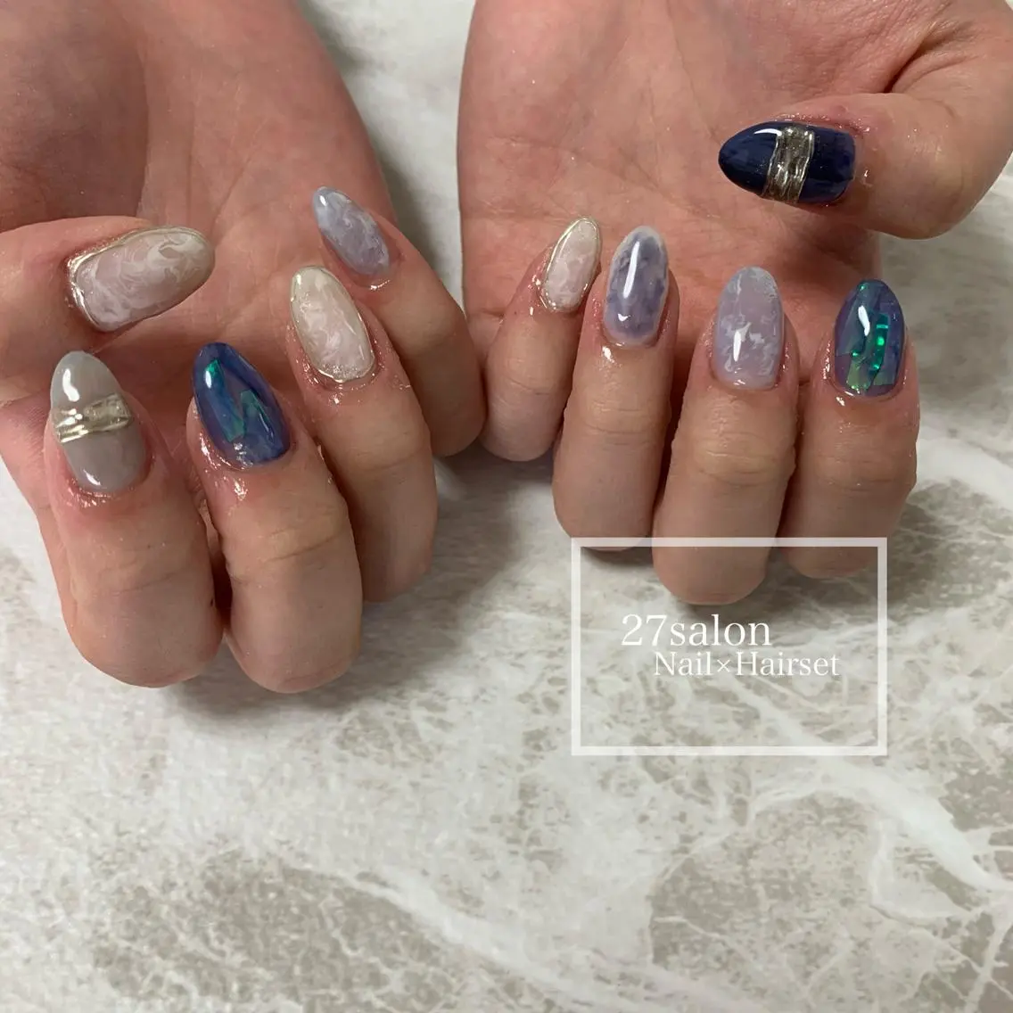 ネイル アートネイル オーロラネイル ミラーネイル ネイビー 27salon yuinaのネイルデザイン