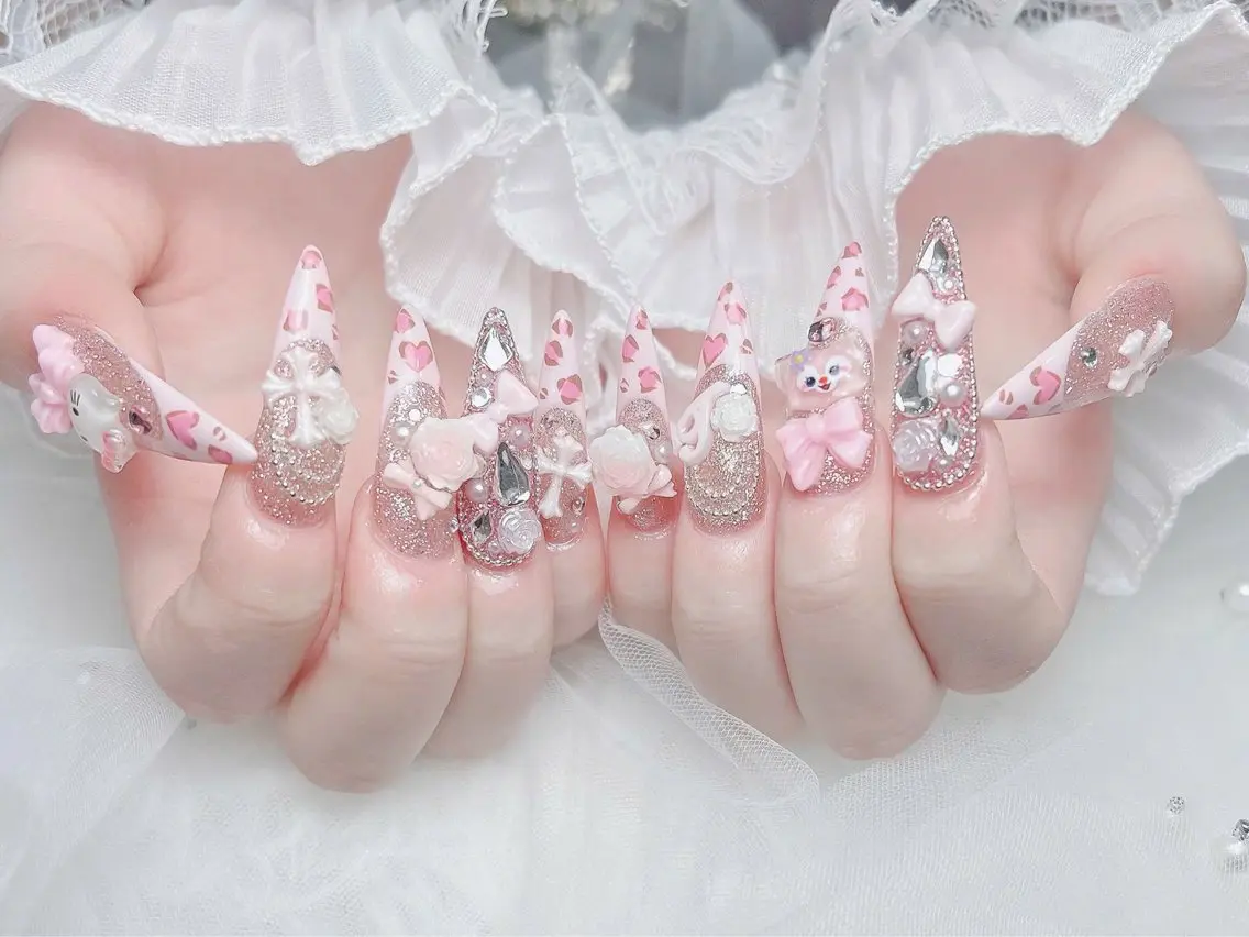 ネイル ガーリー ハート 韓国ネイル ニュアンスネイル リボン ハンドネイル Sora nail 長さ出し専門店のネイルデザイン