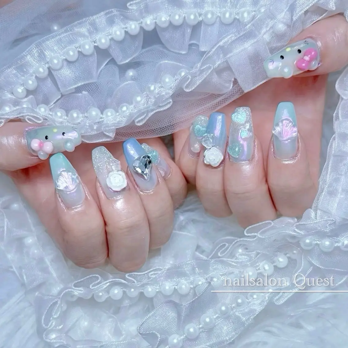 ネイル ブルー グリーン ハート リボン ハンドネイル nailsalon Questのネイルデザイン