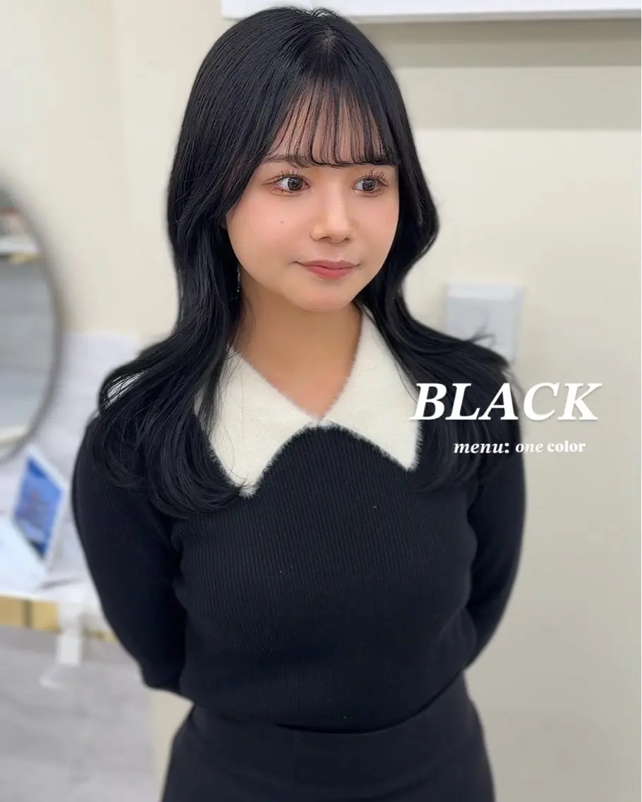 セミロング カラー 黒髪 ヘアカラー 大人韓国レイヤ ー特化|角岡泉希🩶のヘアスタイル