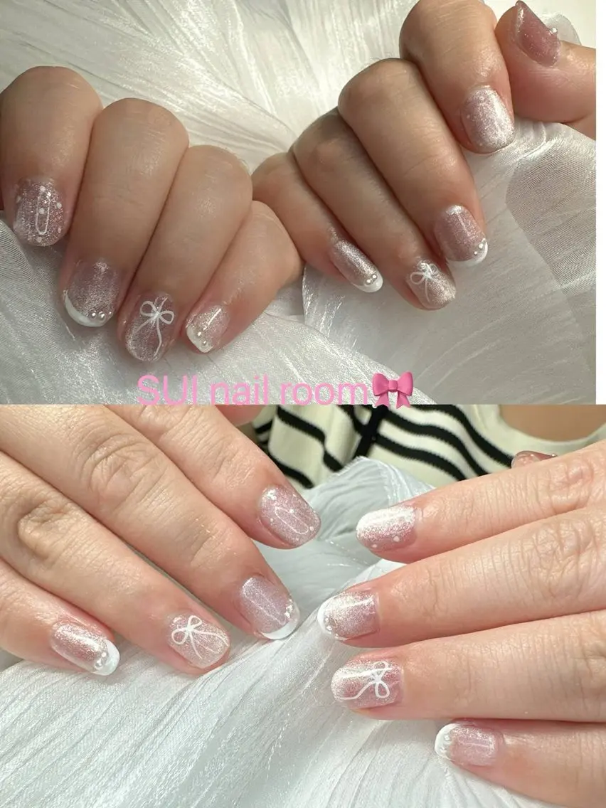 ネイル フレンチネイル 氷ネイル・うるうるネイル マグネットネイル ホワイト SUI Nail Roomのネイルデザイン