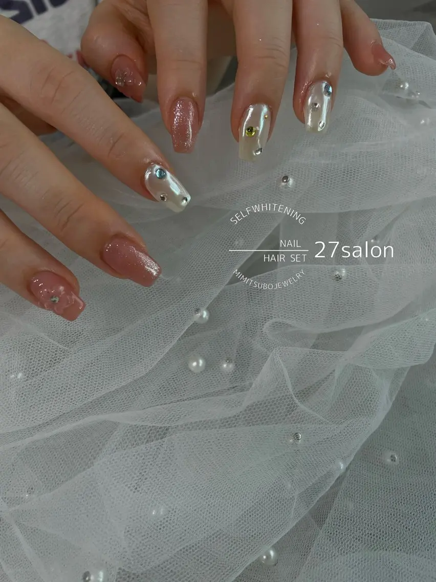 ネイル クリアネイル フラワーネイル ミラーネイル ホワイト ハンドネイル 27salon yuinaのネイルデザイン