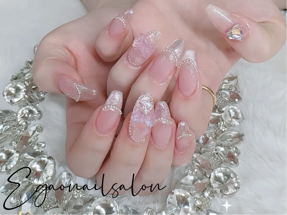 ネイル オーロラネイル クリアネイル ガーリー キラキラネイル ラメ(グリッター) ハンドネイル EGAO NAIL 錦糸町店のネイルデザイン