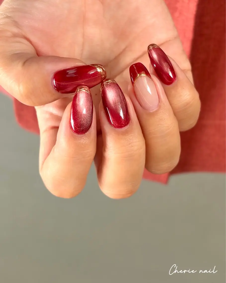 ネイル ボルドー フレンチネイル ジェルネイル マグネットネイル ミラーネイル ハンドネイル Cherienail yunaのネイルデザイン