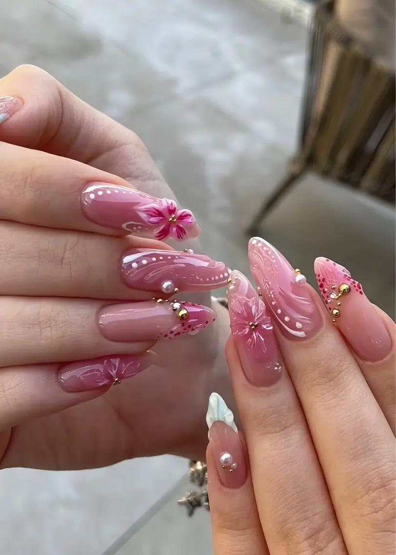 ネイル ジェルネイル ガーリー ハート 韓国ネイル ロングネイル ハンドネイル Nova Nail Studioのネイルデザイン