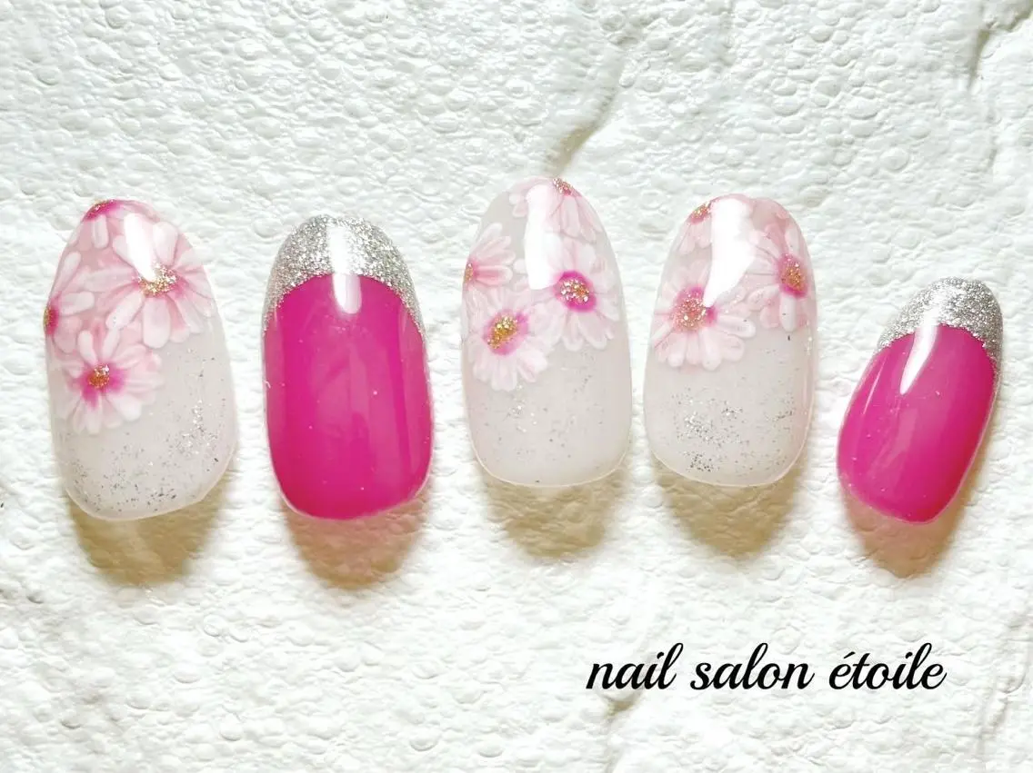 ネイル アートネイル フラワーネイル フレンチネイル ジェルネイル ラメ(グリッター) ハンドネイル nail salon étoileのネイルデザイン