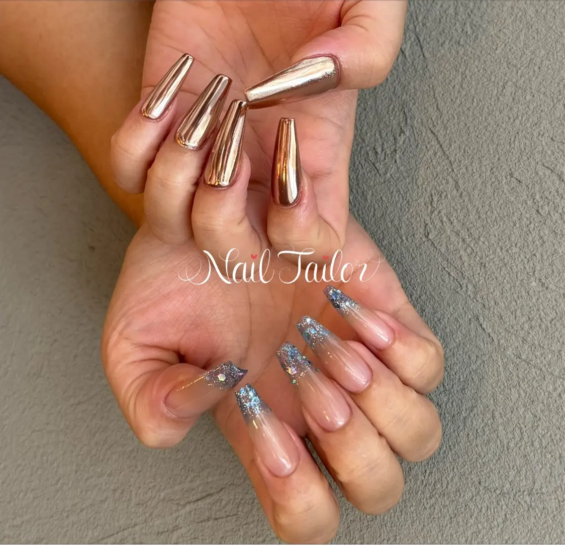 ネイル ブルー クリアネイル 長さ出し ゴールド グラデーション NailTailor ネイルテイラーのネイルデザイン