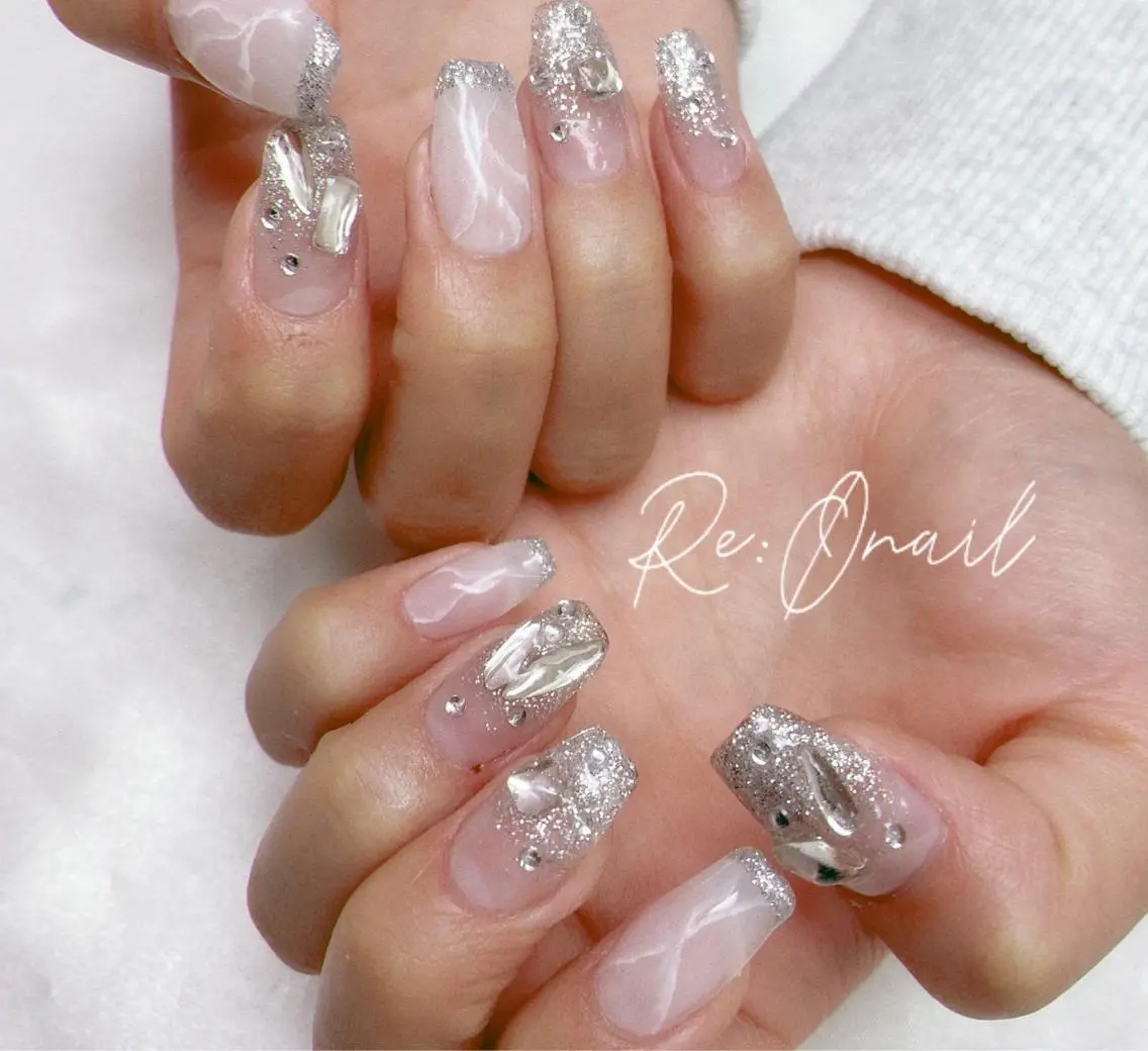 ネイル ラメ(グリッター) ラメグラデーション 大理石ネイル(マーブル) ストーンネイル ハンドネイル Re:Ø nail 🩵TSUJIのネイルデザイン