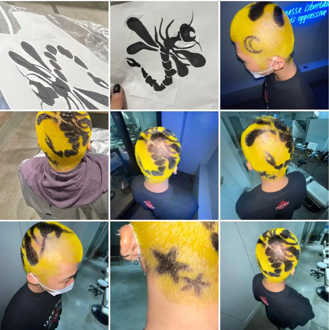 ショート カラー メンズ メンズバレイヤージュ メンズブリーチ センターパート フェードカット メンズハイライト スパイラルパーマ 🌐hina⭐️のヘアスタイル