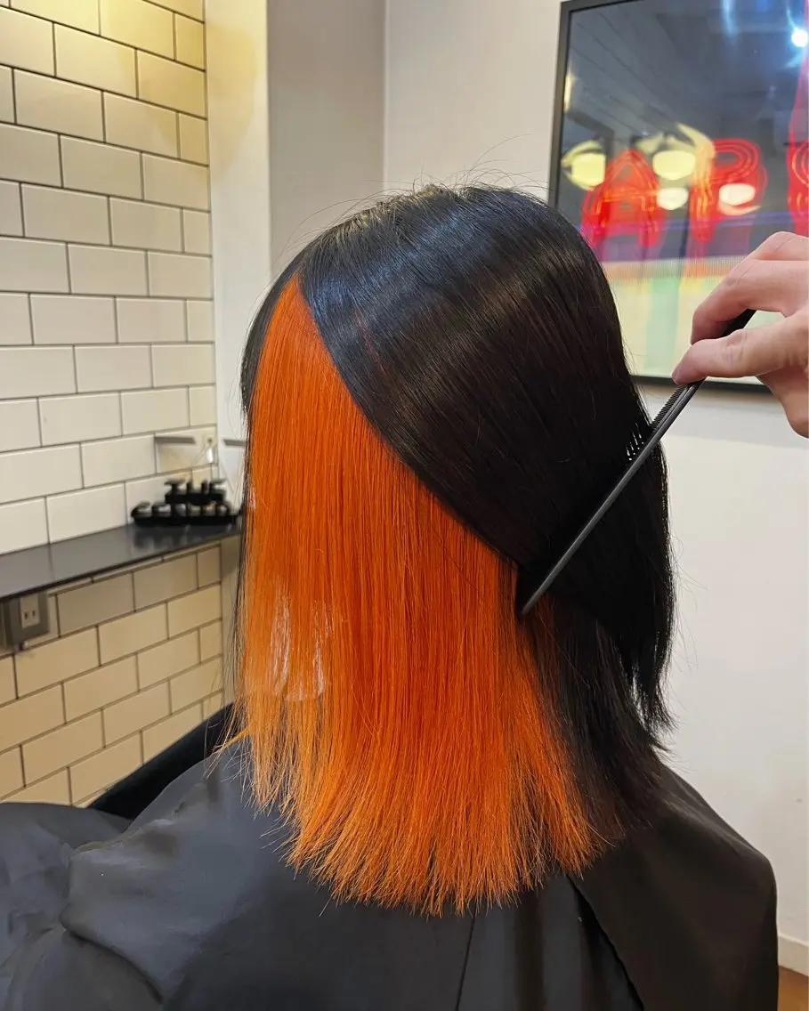 ミディアム カラー 黒髪 ブリーチ インナーカラー オレンジ ショート、ボブ💚 レイヤー/井上翔のヘアスタイル