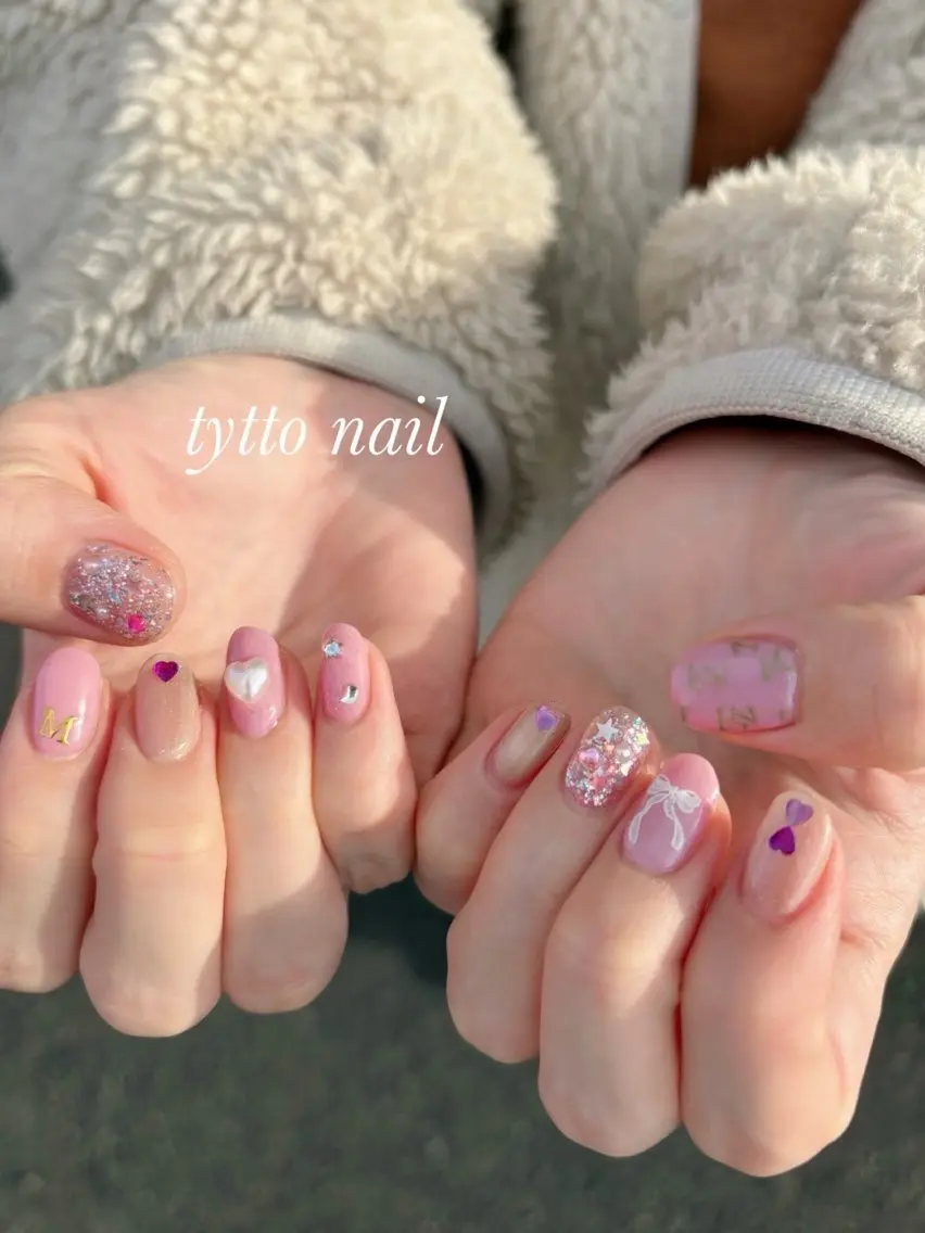 ネイル ハート ピンク リボン ハンドネイル tytto nail ❤︎eriのネイルデザイン